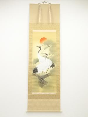 桂雪筆　松鶴　肉筆絹本掛軸（共箱）